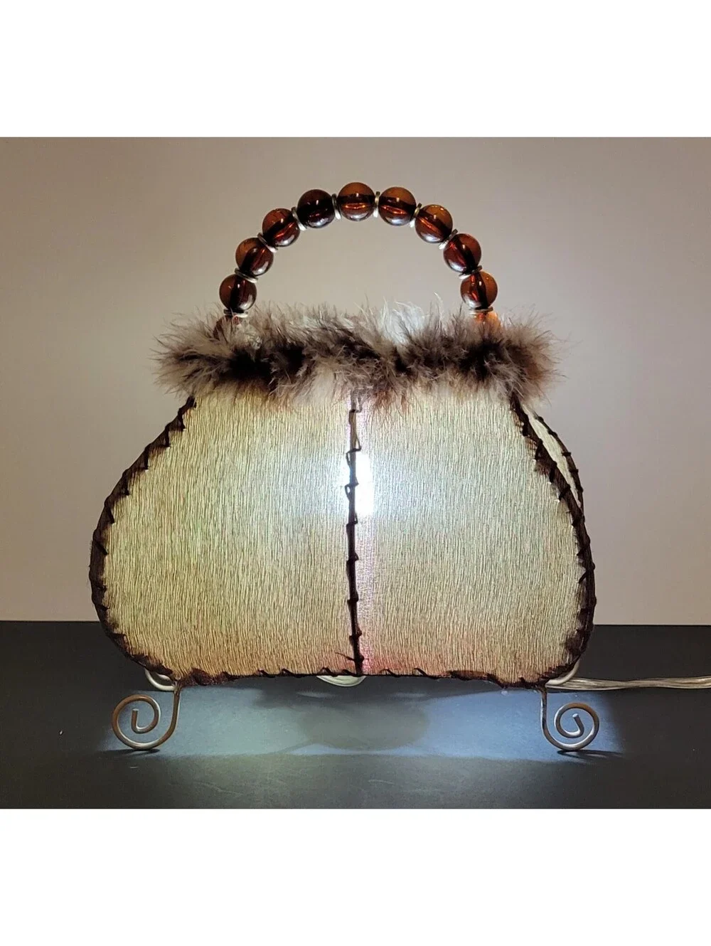 Vtg Style Boutique Purse Lamp Fur Feathered Light Handbag Beaded Deco Boudoir